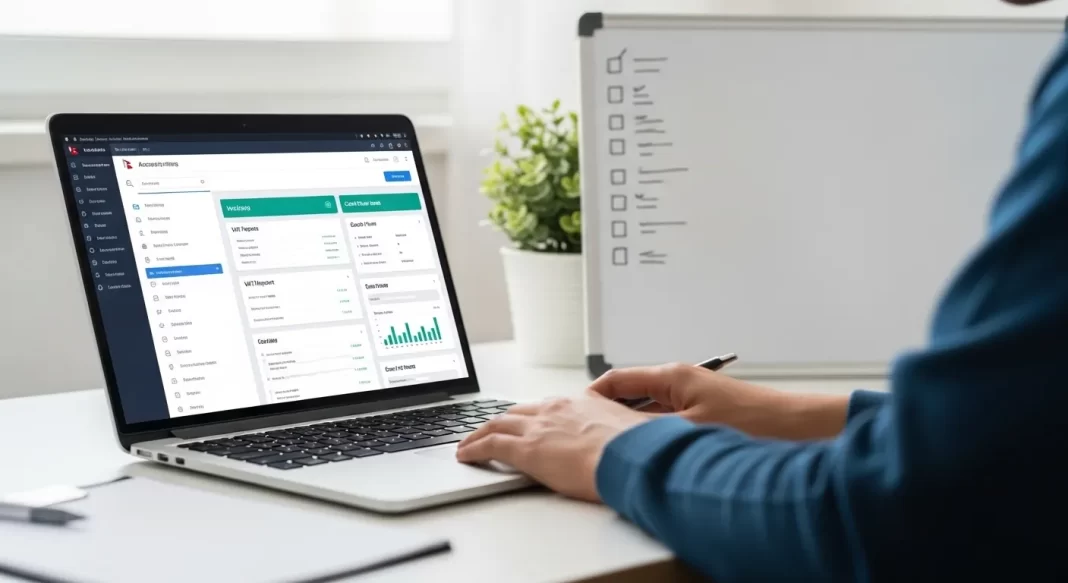 Nepali business owner selecting accounting software for 2081/82 with focus on features and compliance