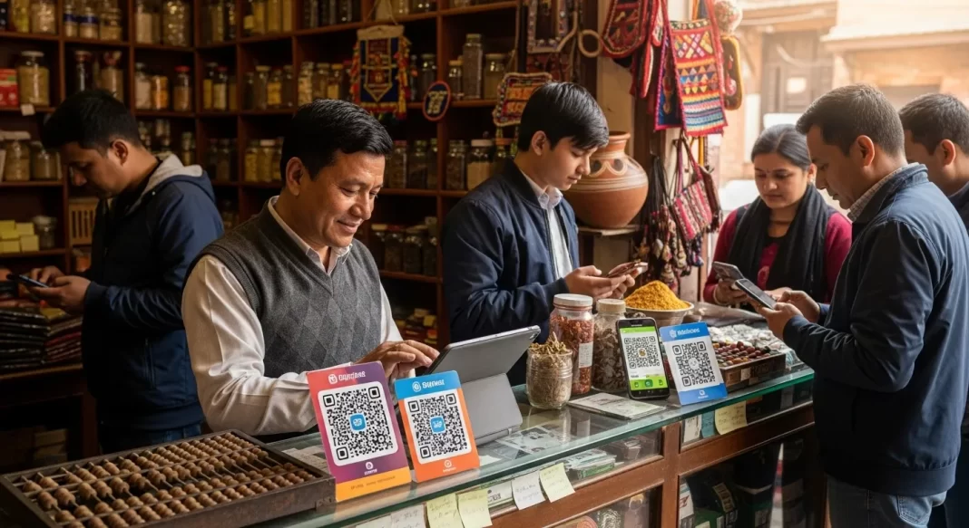 Traditional Nepali business owner adopting digital tools and strategies in 2082
