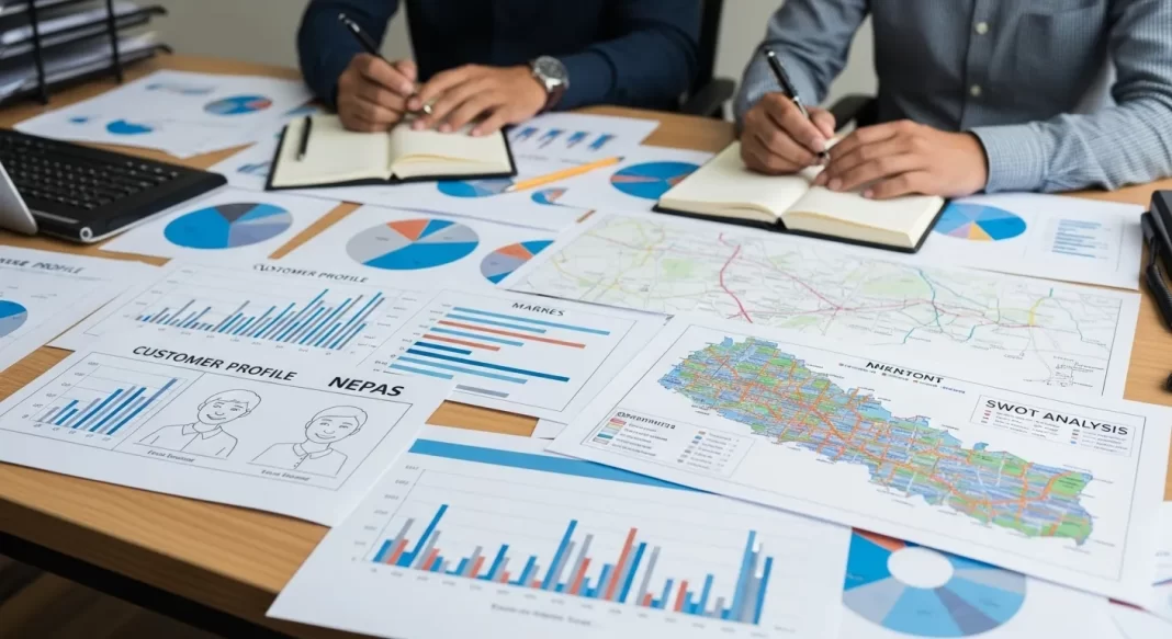 Nepali small business owner conducting local market research and analyzing data