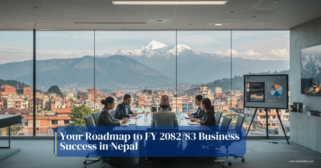 Nepal fiscal year 2082/83 business planning flowchart showing six phases from assessment to implementation for entrepreneurs