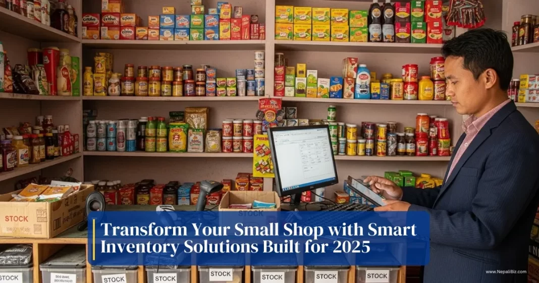 Shopkeeper using inventory management software in a small Nepali retail store in 2025